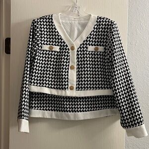 Chic Black and White Houndstooth Blazer with Gold Accents
